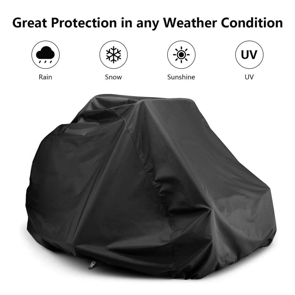 Black zero-turn mower cover with tight hood for rain, snow, sun, and UV protection