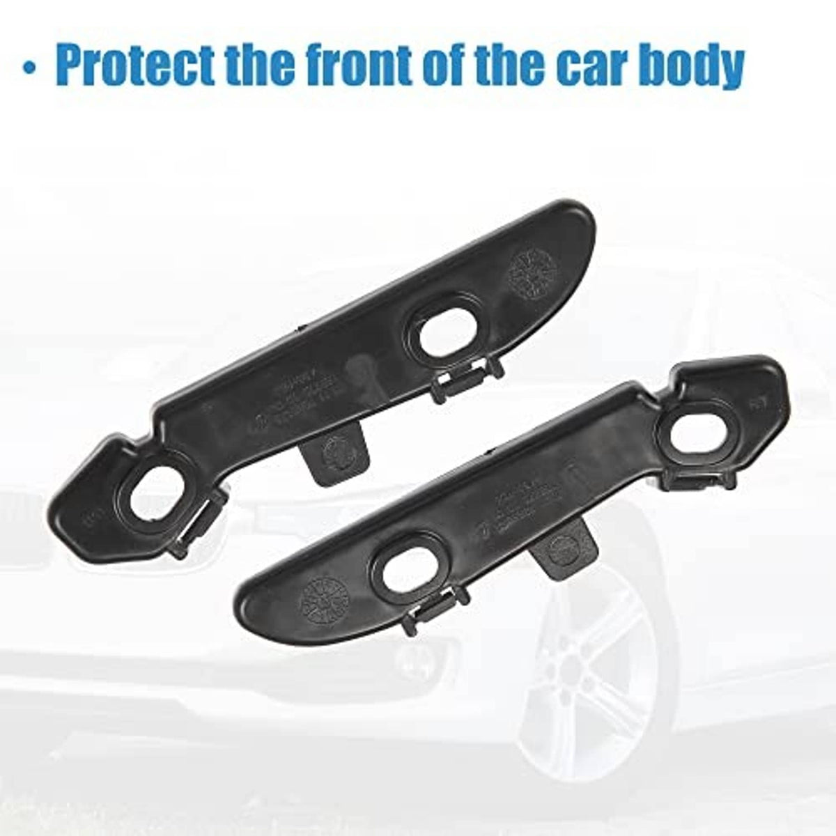 Pair of black plastic bumper mounting support brackets with two circular openings