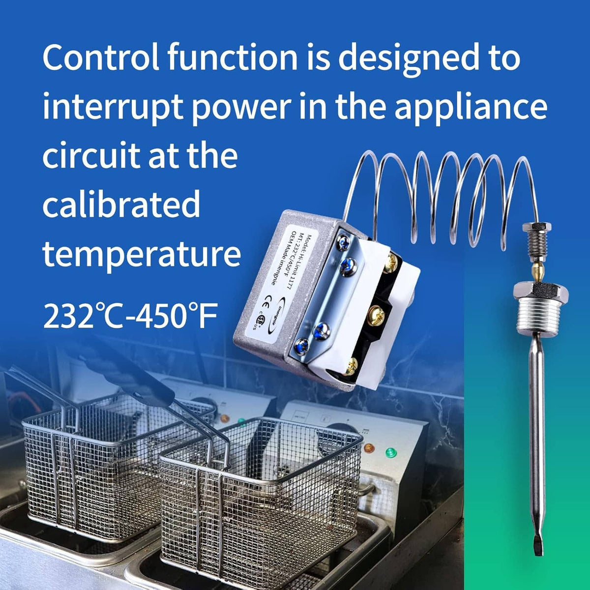 High-limit thermostat with coiled spring sensor and metal probe near fryer baskets