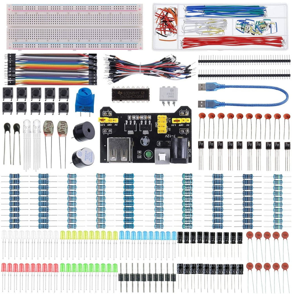 Electronics component fun kit with assorted wires, resistors, LEDs, and connector boards