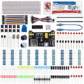 Electronics component fun kit with assorted wires, resistors, LEDs, and connector boards