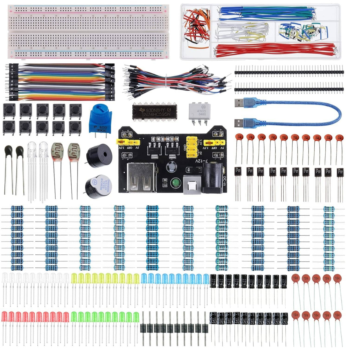 Electronics component fun kit with assorted wires, resistors, LEDs, and connector boards