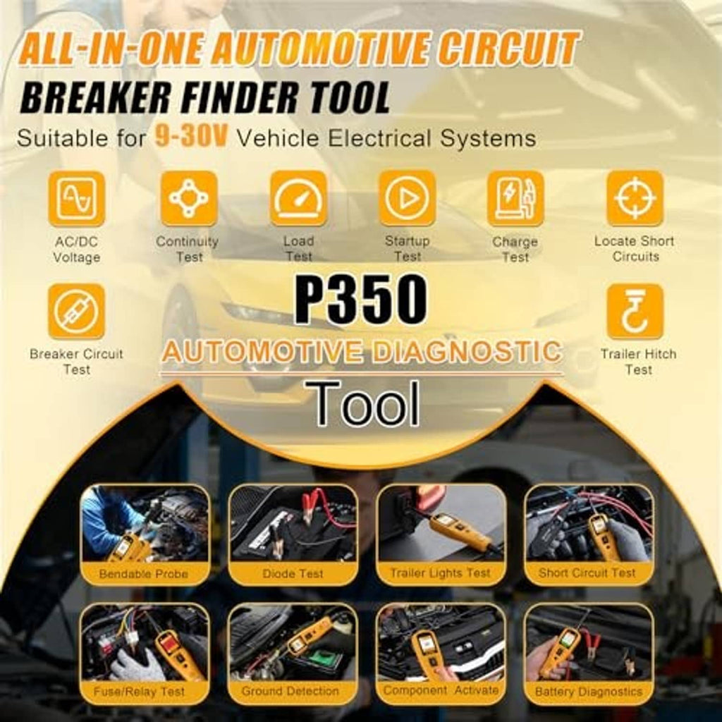 Automotive circuit breaker finder tool with yellow probe meter and test mode icons