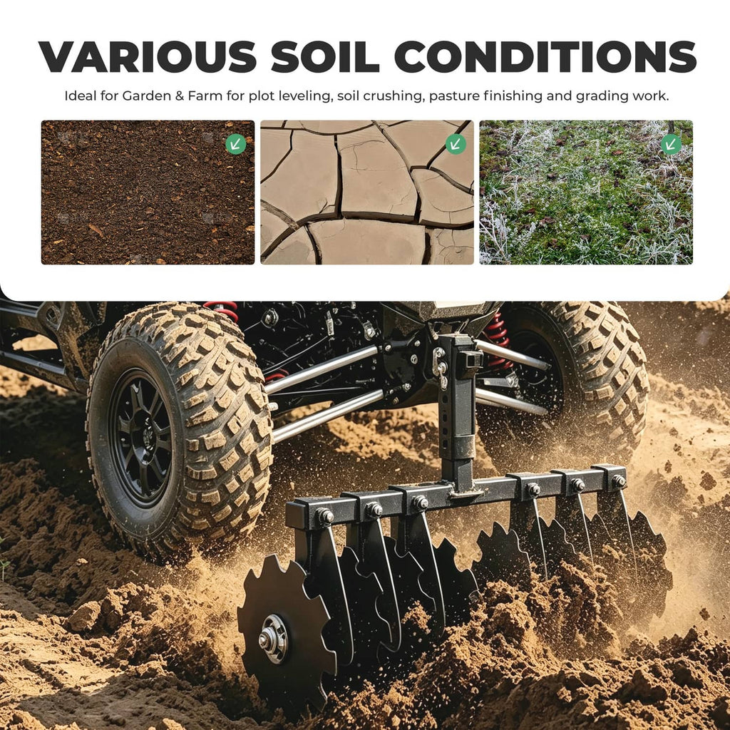 Receiver disc plow harrow with curved blades for tractors or ATVs in action