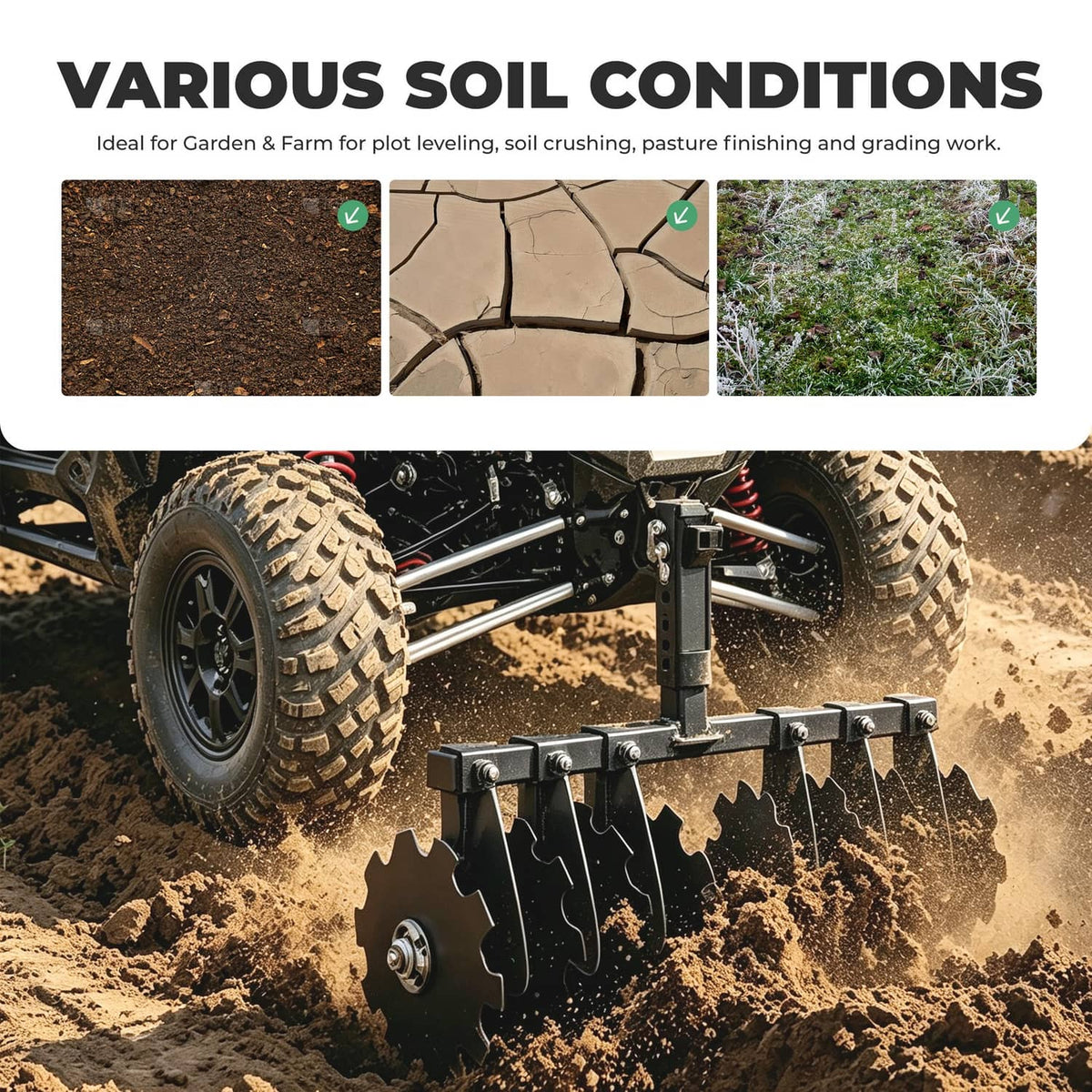 Receiver disc plow harrow with curved blades for tractors or ATVs in action