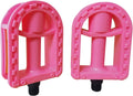 Pink kids bike pedals, cage design in resin, with black threaded spindle ends