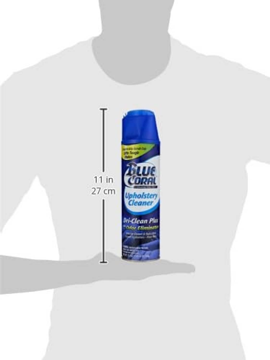 Blue Coral upholstery cleaner spray can shown with height measurement on person