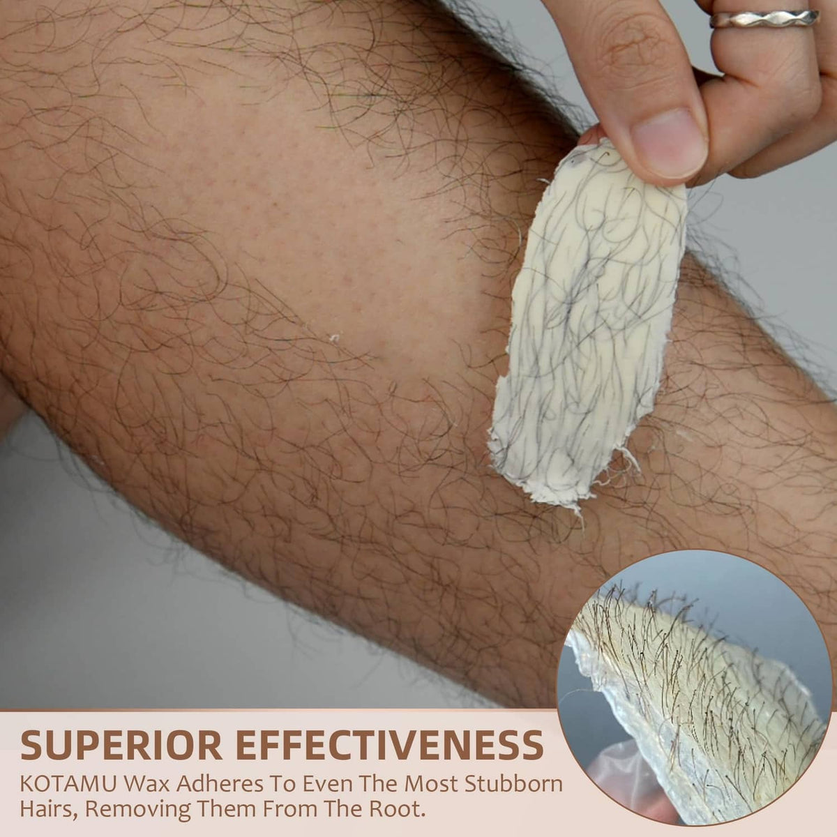 Off-white wax being lifted from a leg area during at-home hair removal