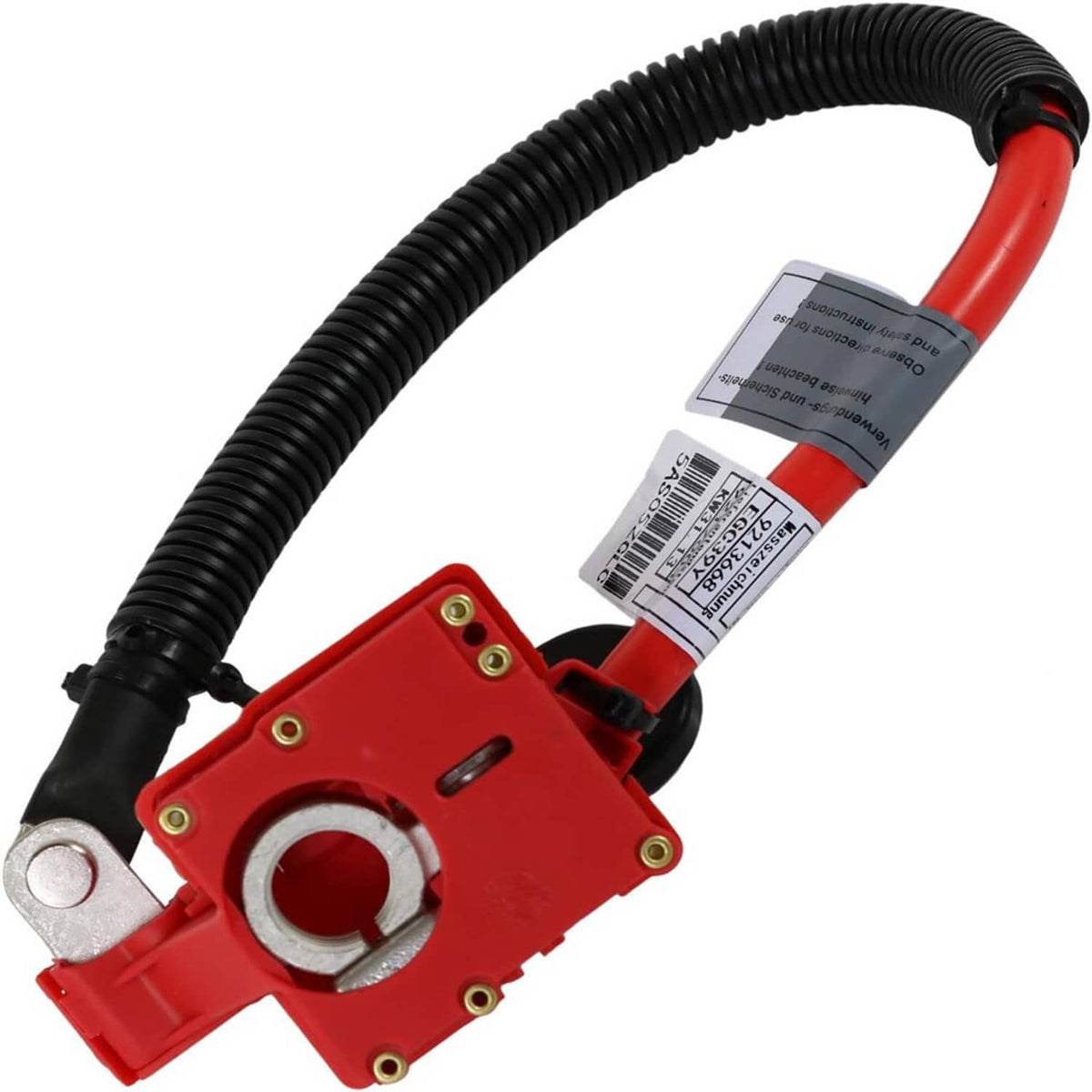 Red battery cable module with black wire sheath and metal ring lug terminal