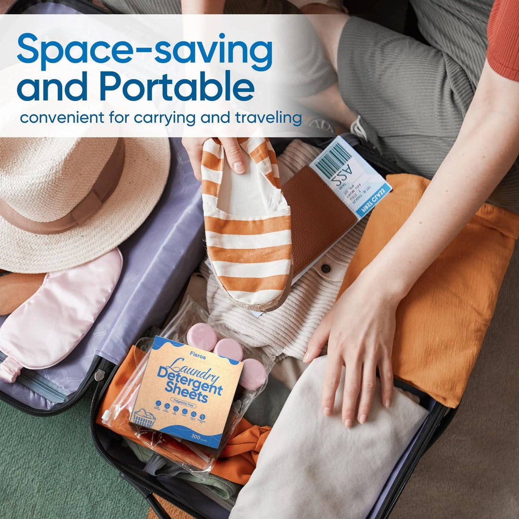 Portable laundry detergent sheets pack in a suitcase for convenient travel washing