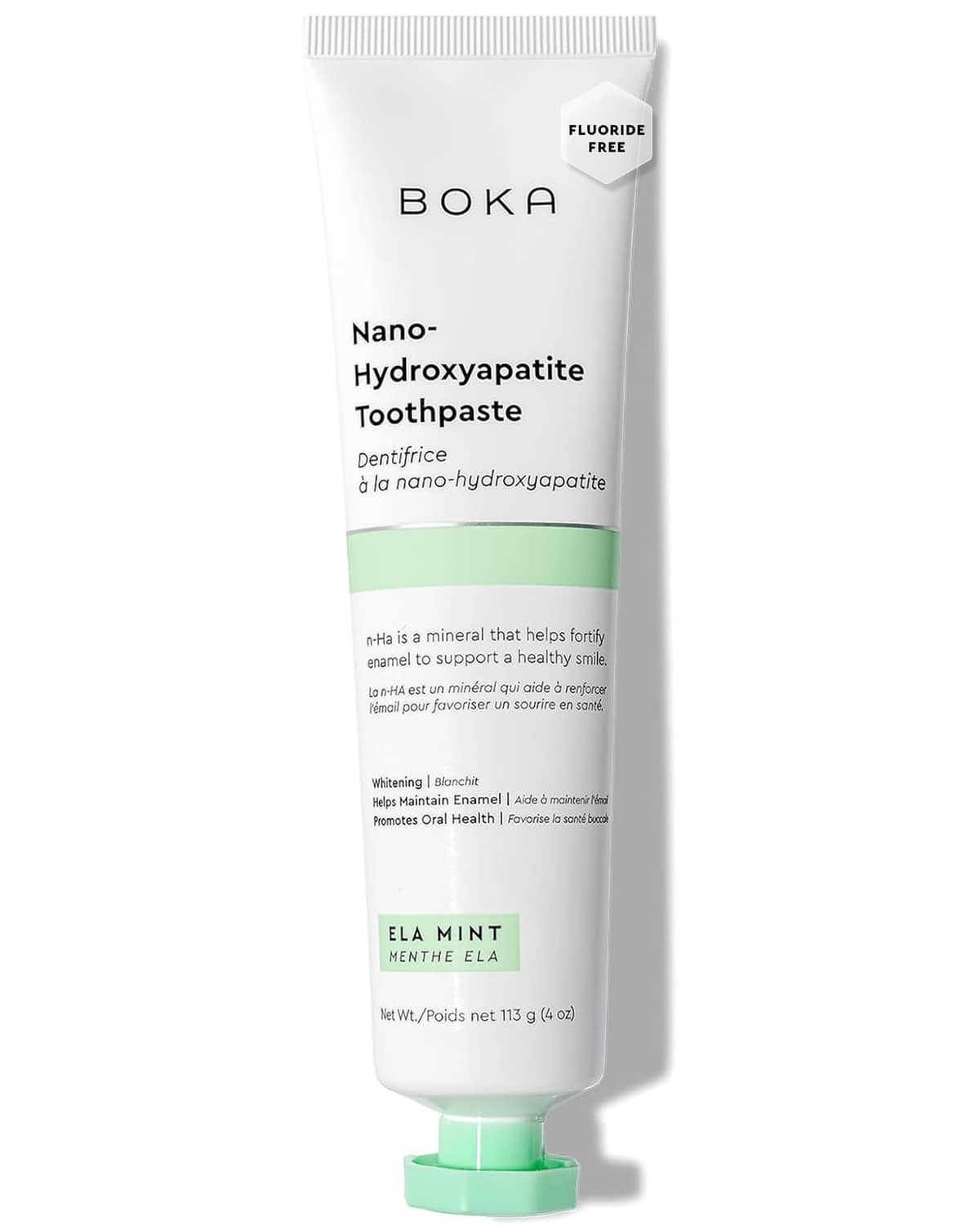Fluoride-free nano-hydroxyapatite toothpaste tube, mint ELA mint, light green cap