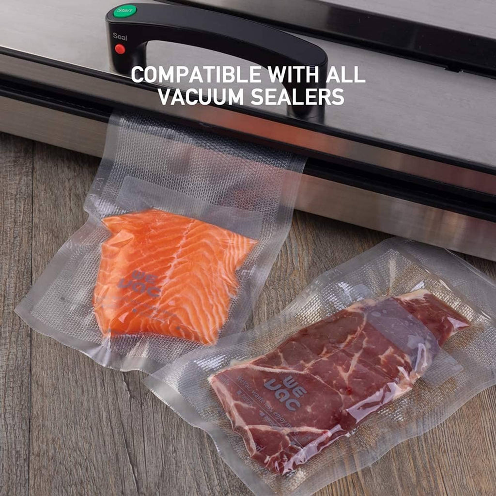 Silver vacuum sealer pouches sealing meat portions, compatible with vacuum sealer
