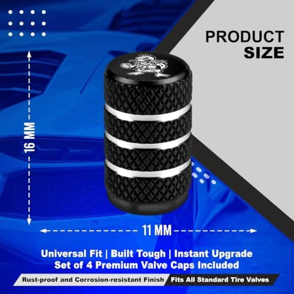 Single black tire valve stem cap with duck emblem, textured grip, and silver ring bands