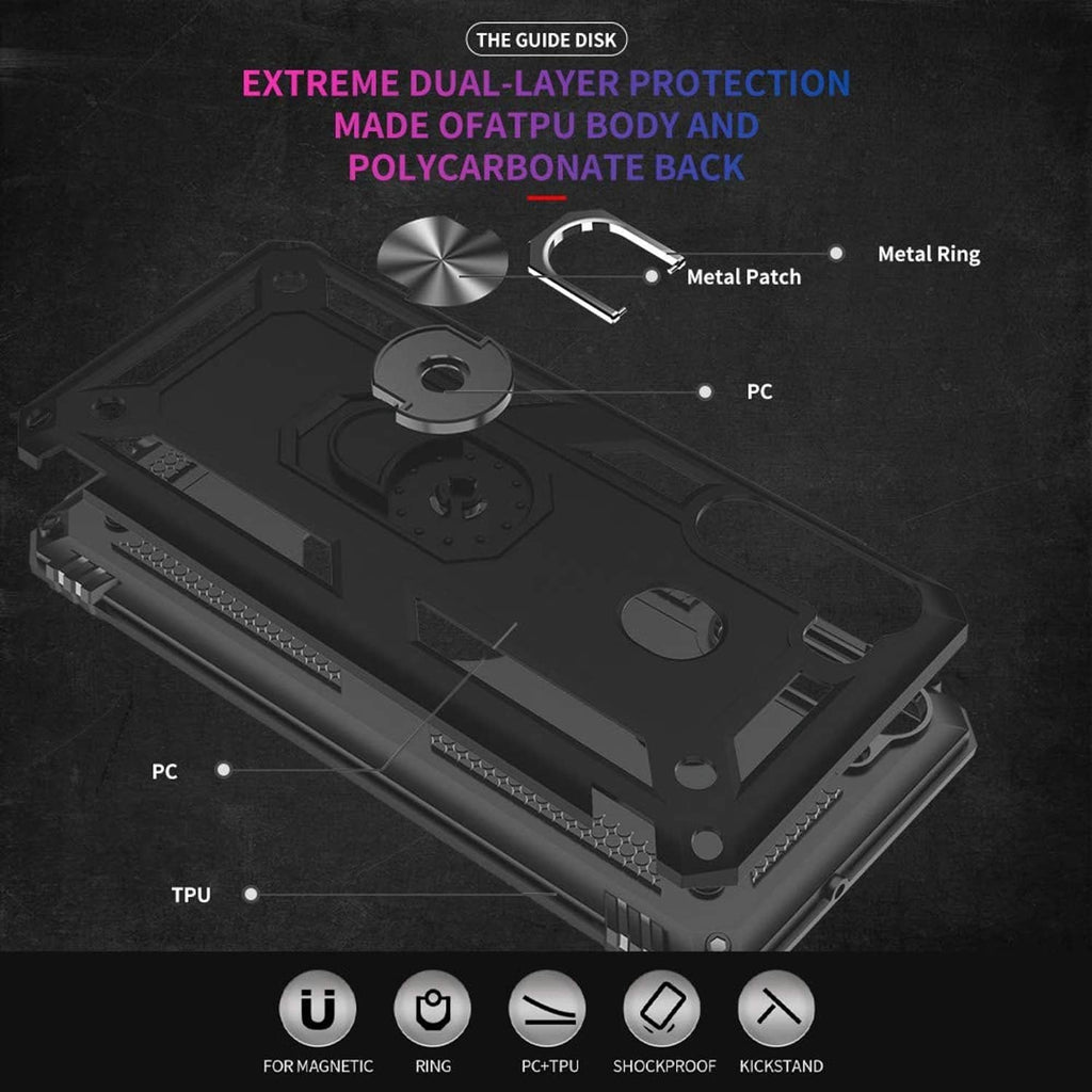 Black dual-layer rugged phone case with metal ring and precise port openings