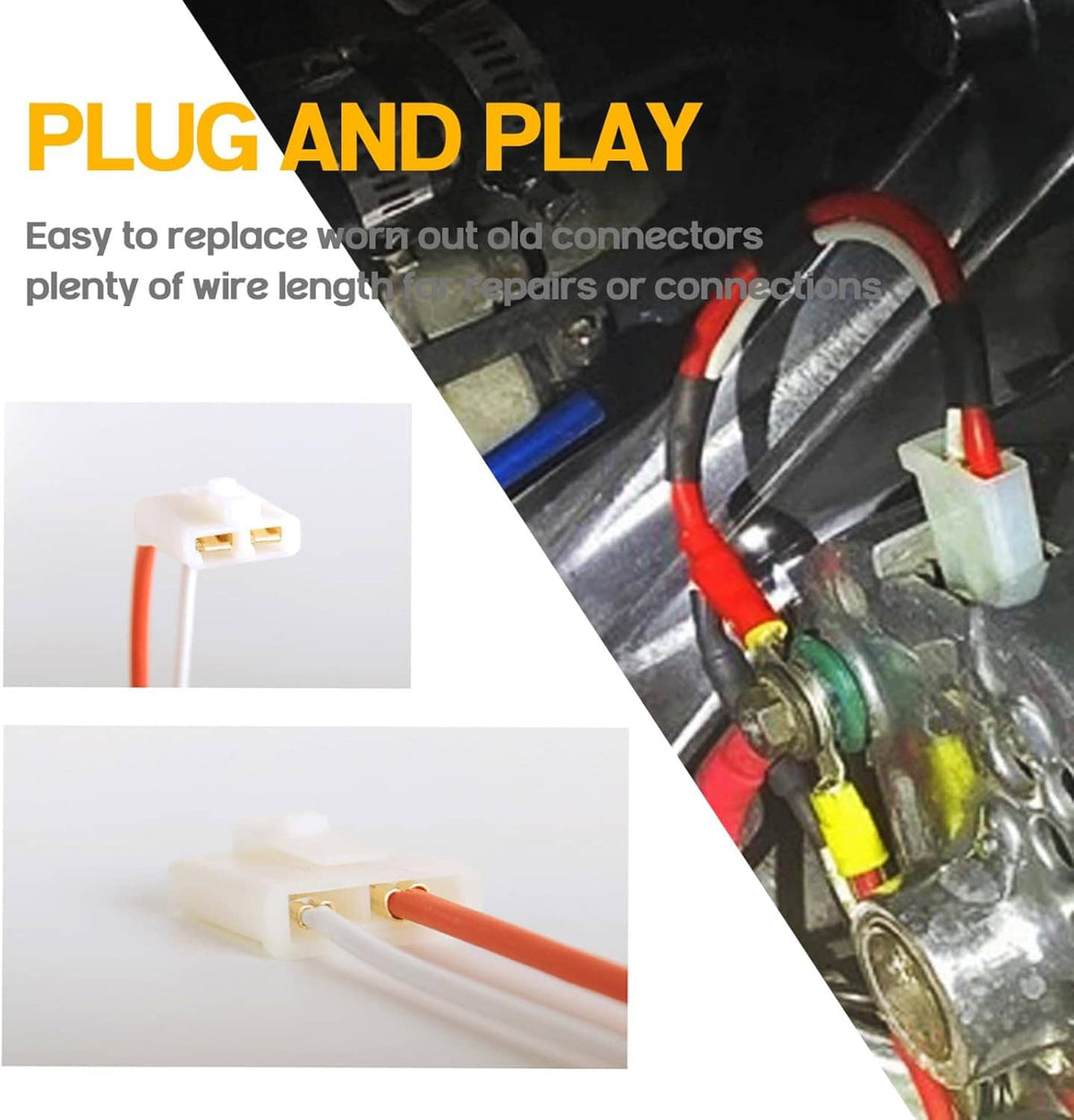 Plug-and-play alternator pigtail connector set with red and white wire leads