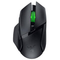 Black gaming mouse with textured side grips and bright green scroll light