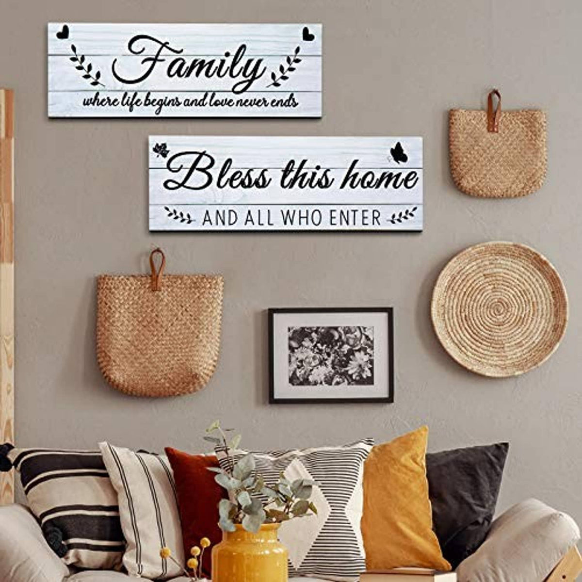 Set of two rustic wooden wall signs: “Family” and “Bless this home” with decorative leaves