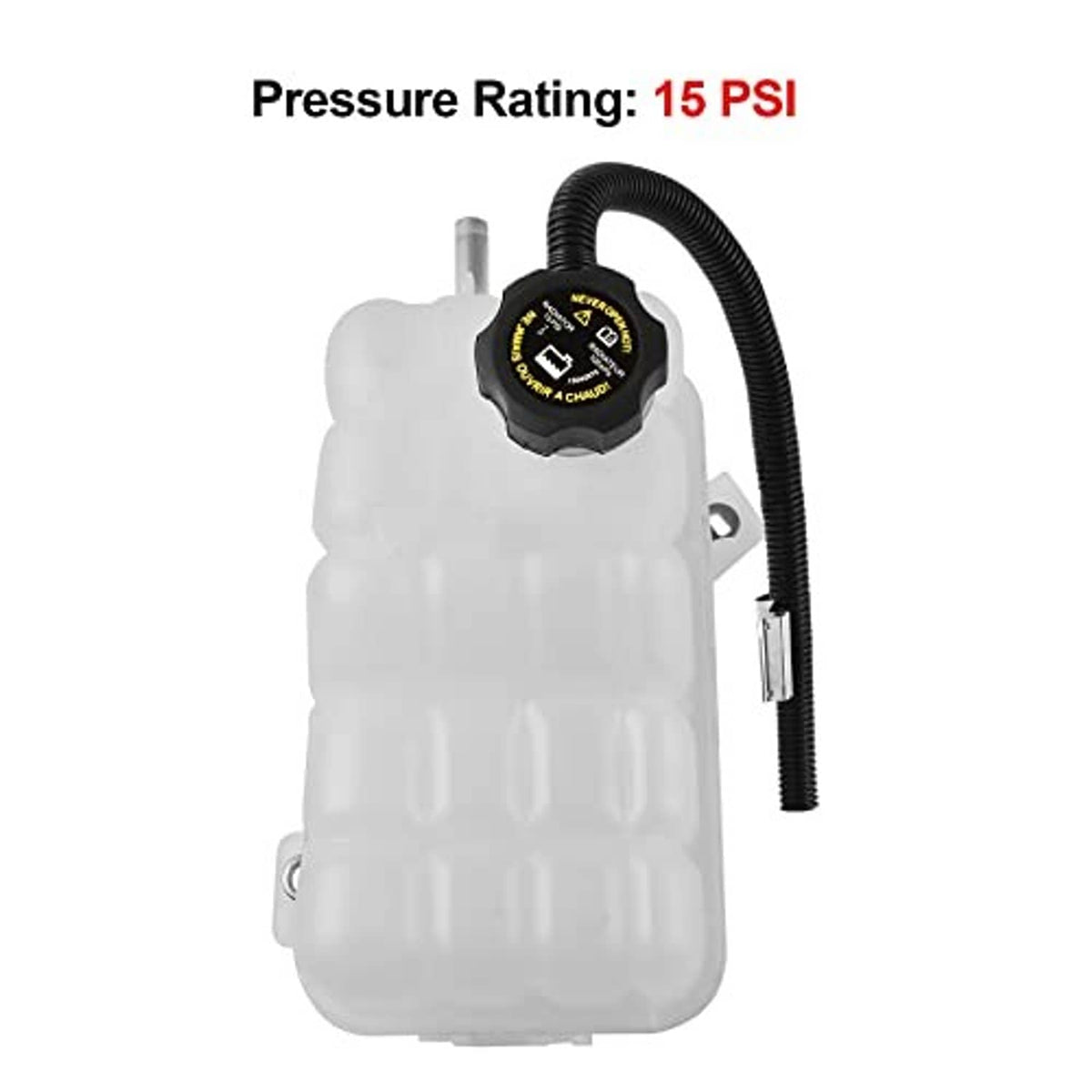 Engine coolant overflow tank with black hose and cap, white plastic reservoir