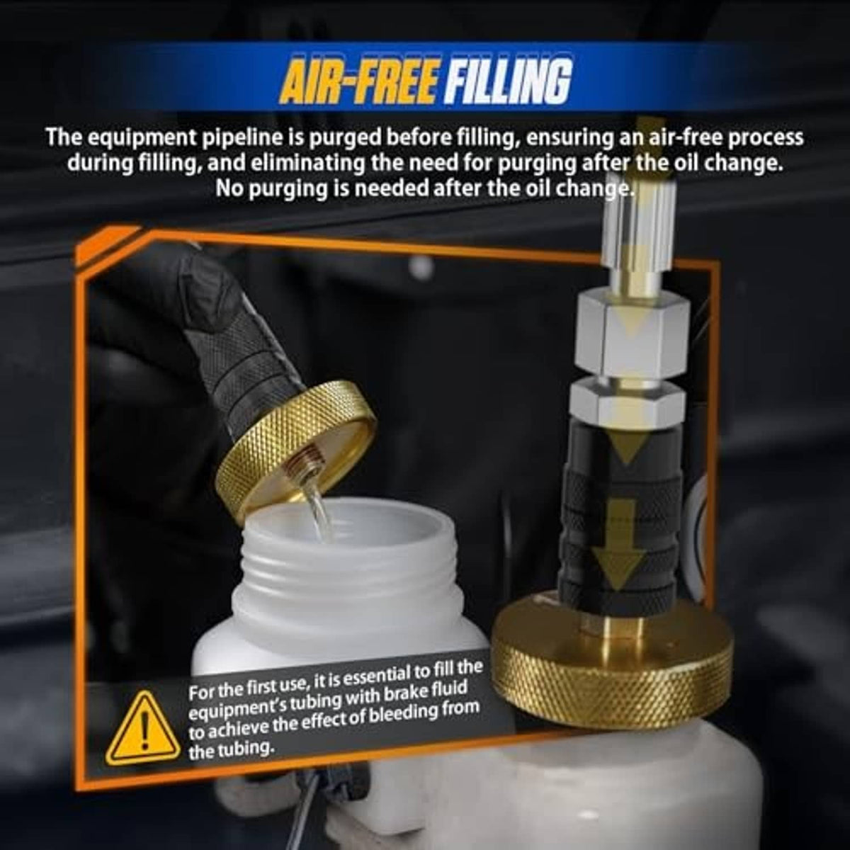 Brake fluid bleeder filling adapter with brass connector and white fluid reservoir
