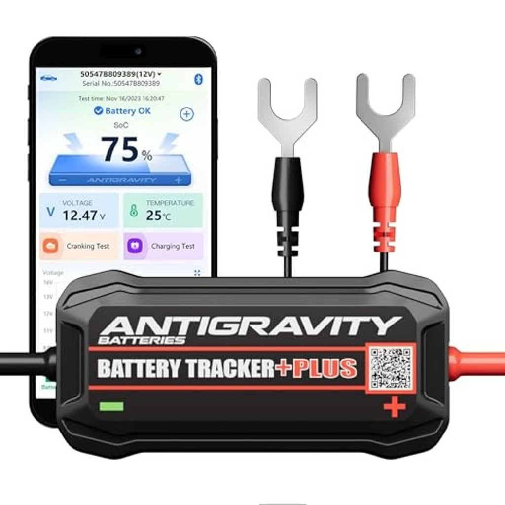 Black battery tracker plus device with red and black connector prongs in front view