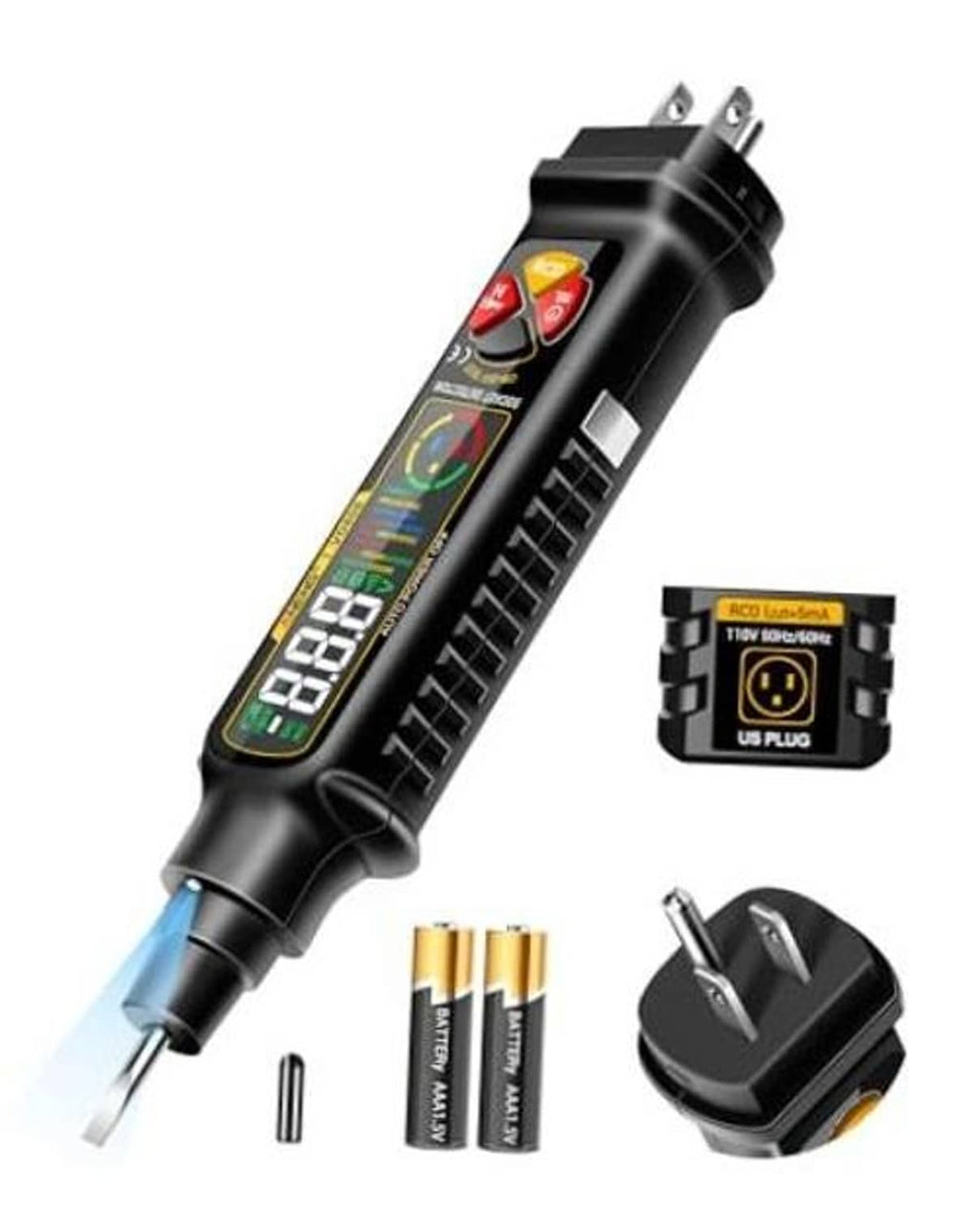 Black non-contact voltage tester with two prongs and digital display window