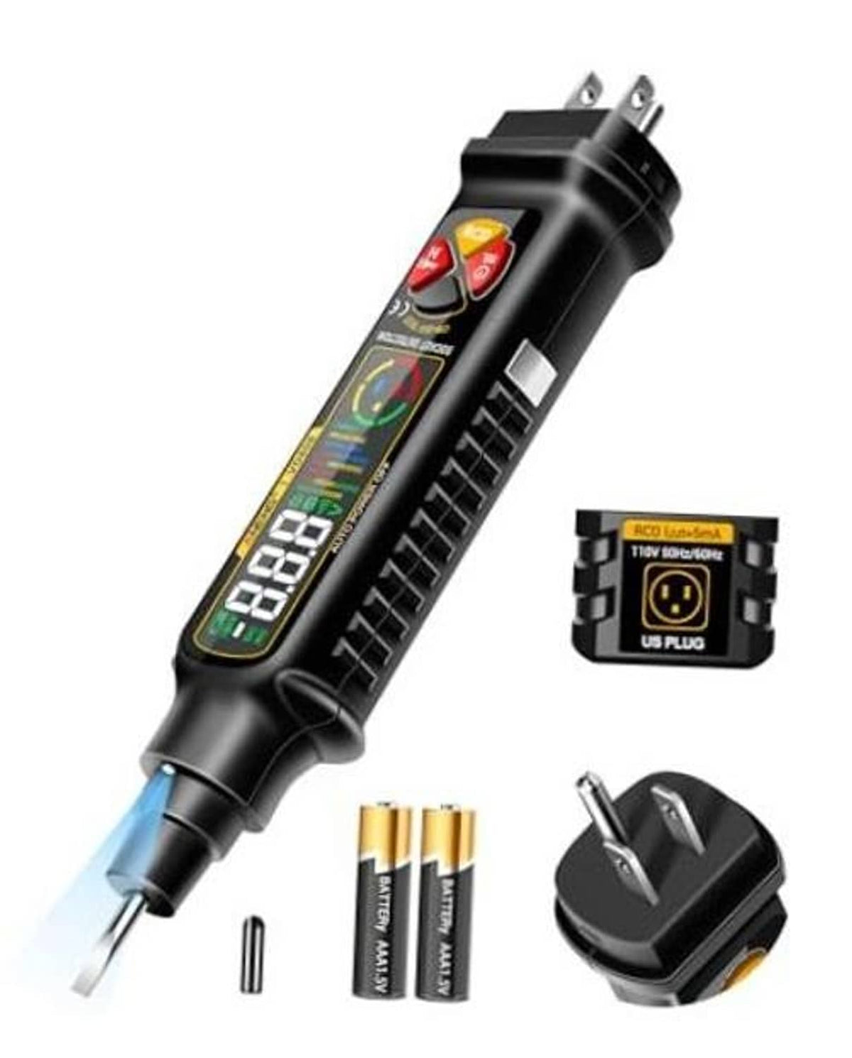 Black non-contact voltage tester with two prongs and digital display window