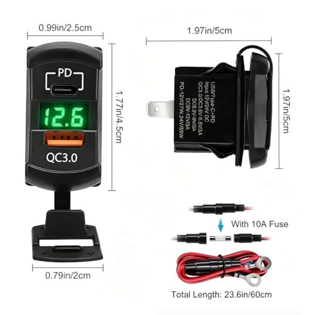 Dual-port USB rocker charger size diagram with front LED display