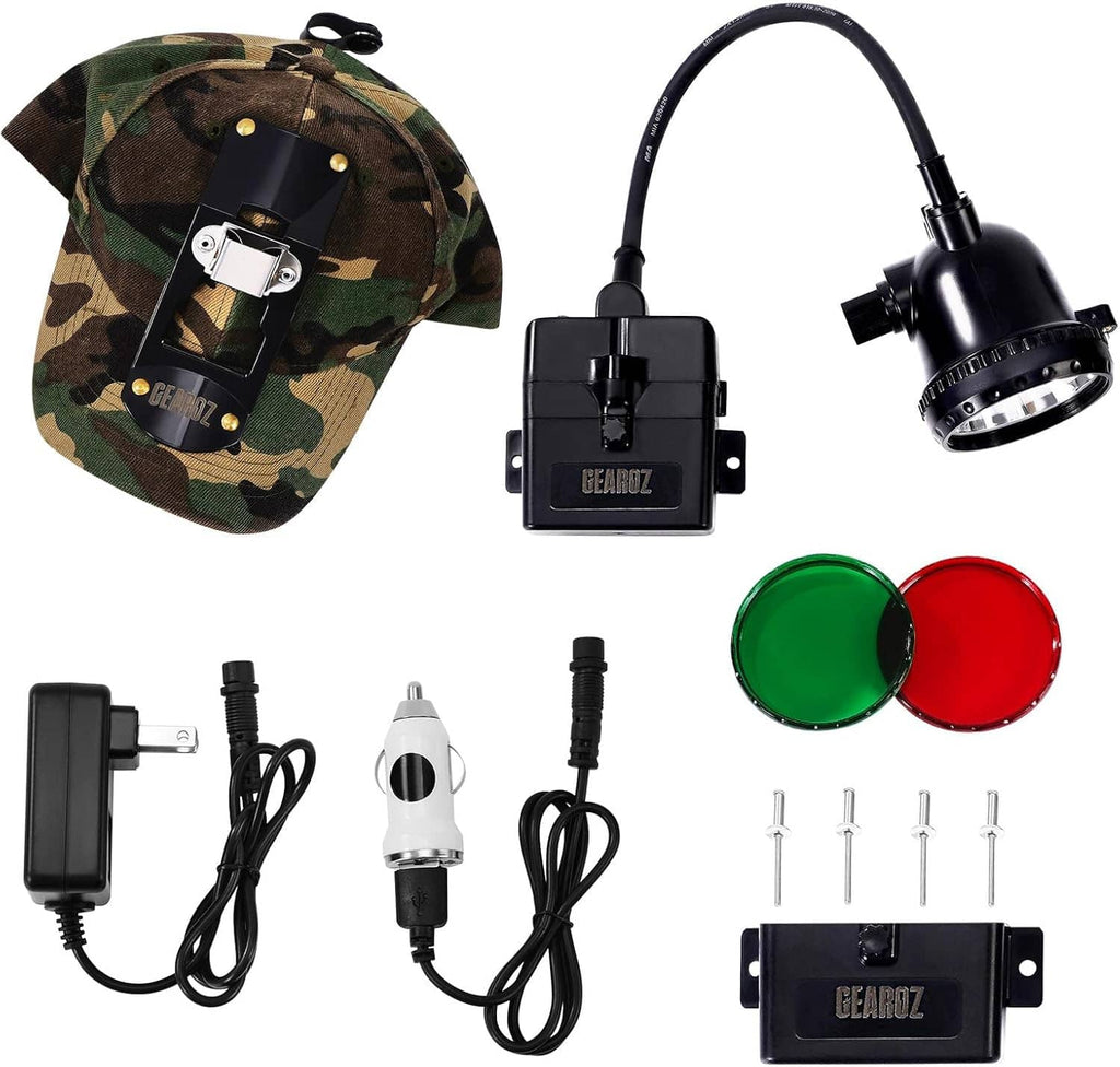 Camouflage hunting headlamp cap kit with spotlight, battery pack, charger, and lens caps.