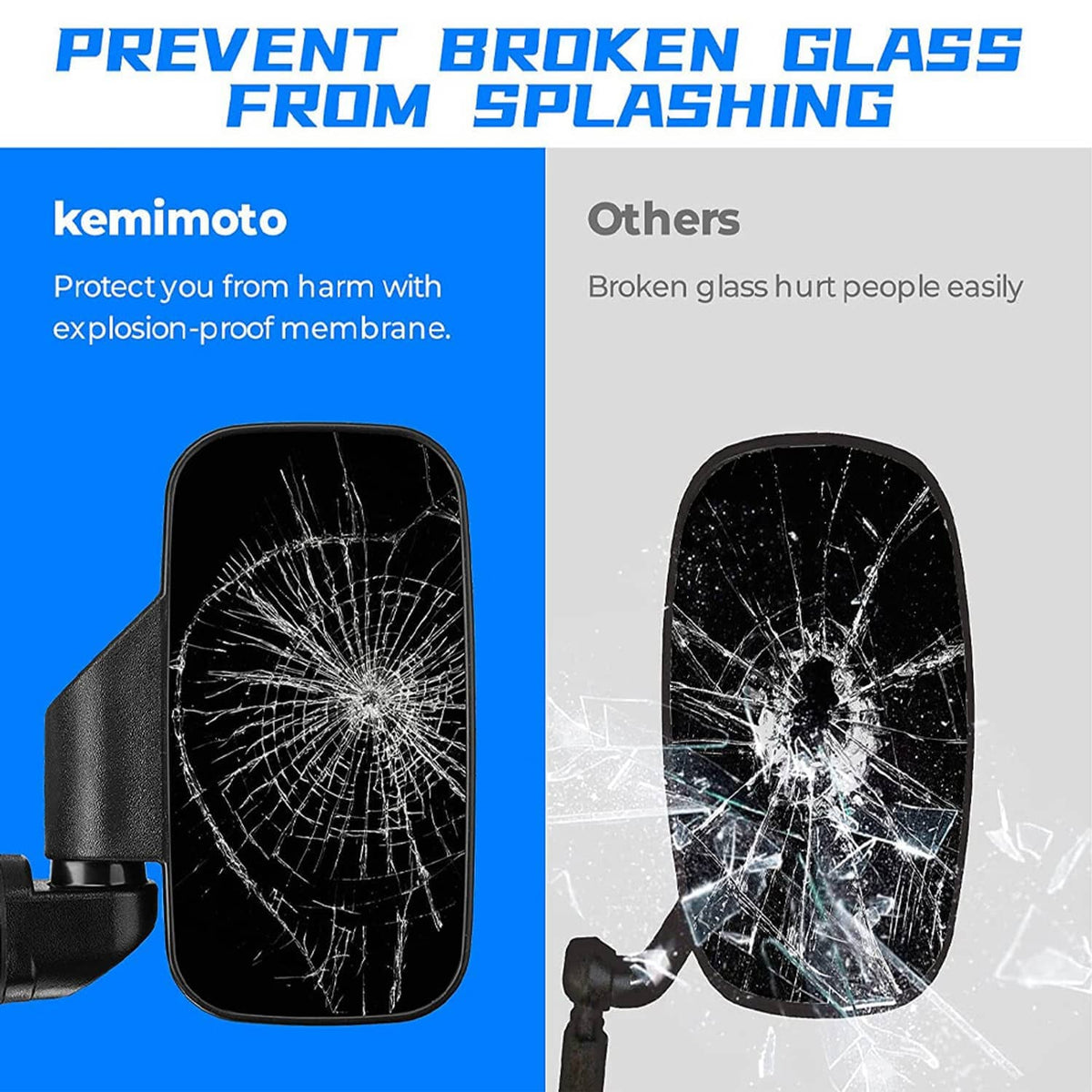 Crack-resistant style rear view side mirror with protective film on the glass