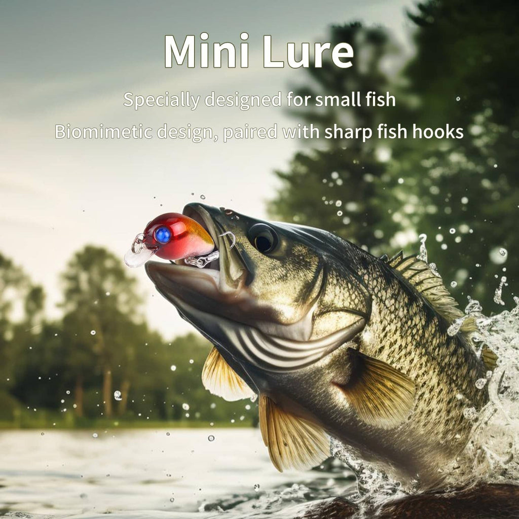 Mini fishing lure with blue-red head and dark body, with treble hook