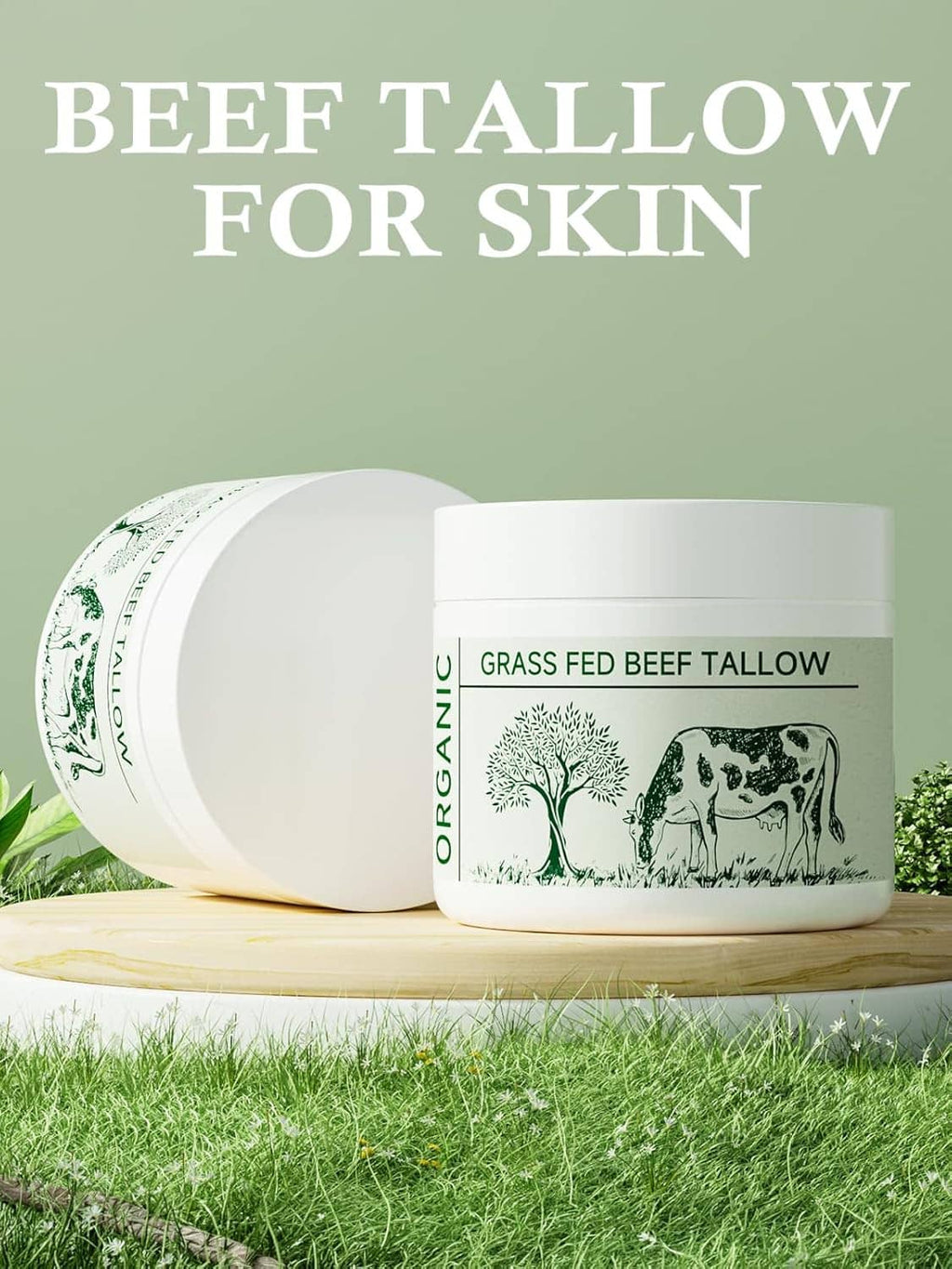 Beef tallow for skin moisturizer jar and box, with white cream inside