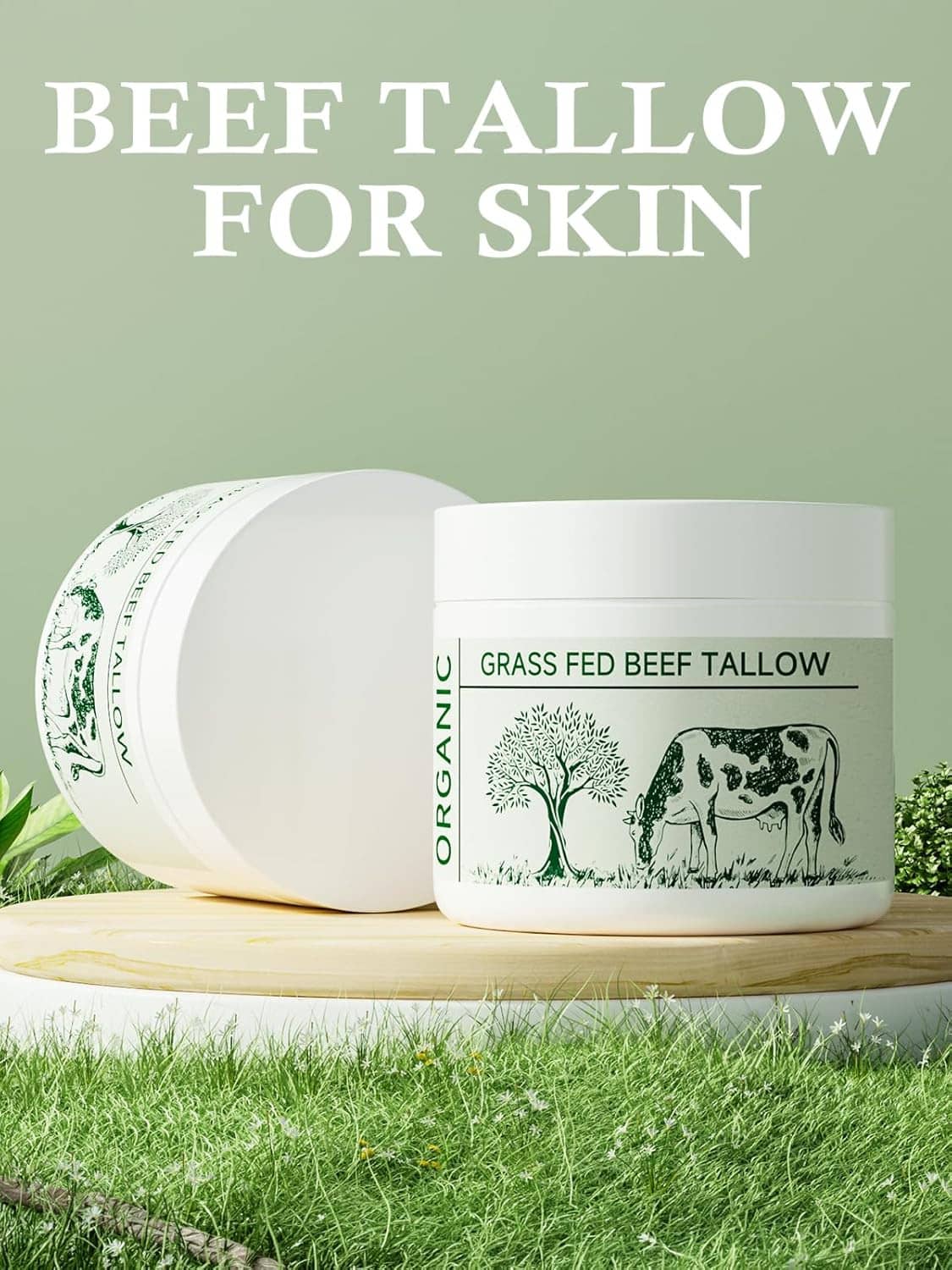 Beef tallow for skin moisturizer jar and box, with white cream inside
