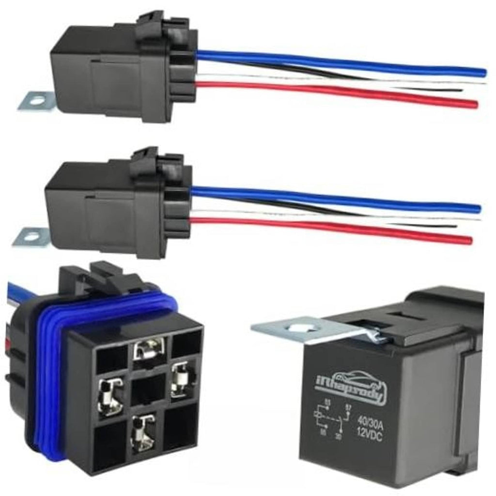 4-pin relay with red, blue, and black wire leads and mounting tabs