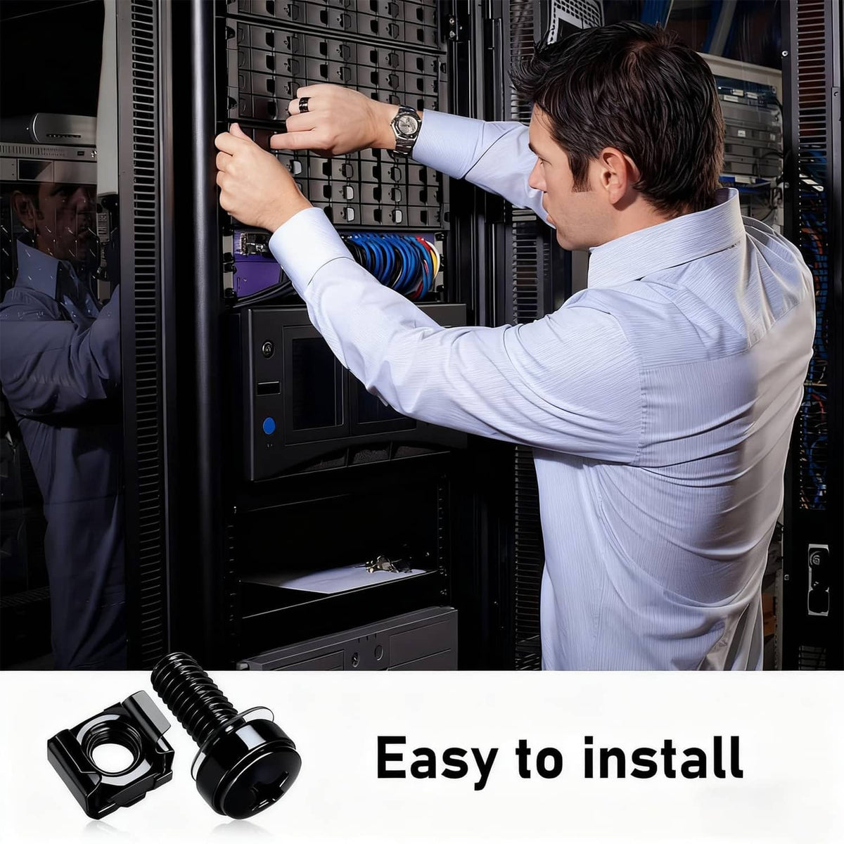 Black rack mount screw and cage nut set for easy installation