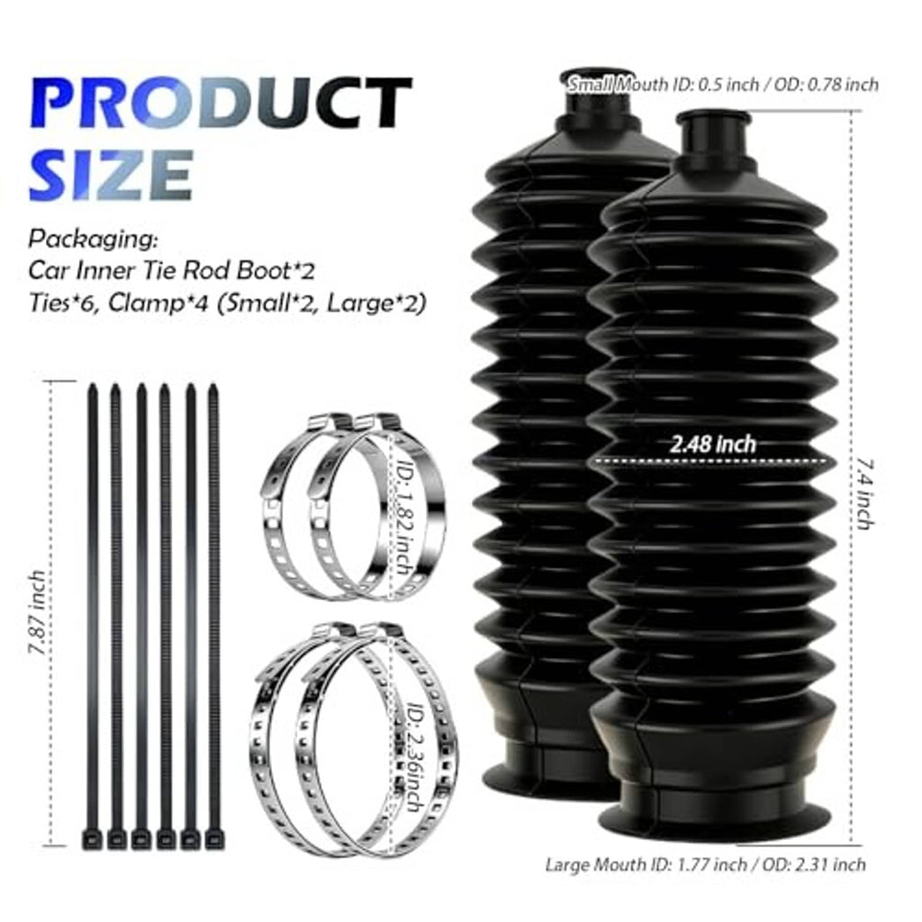 Black ribbed inner tie rod boots set with size layout and two metal band clamps