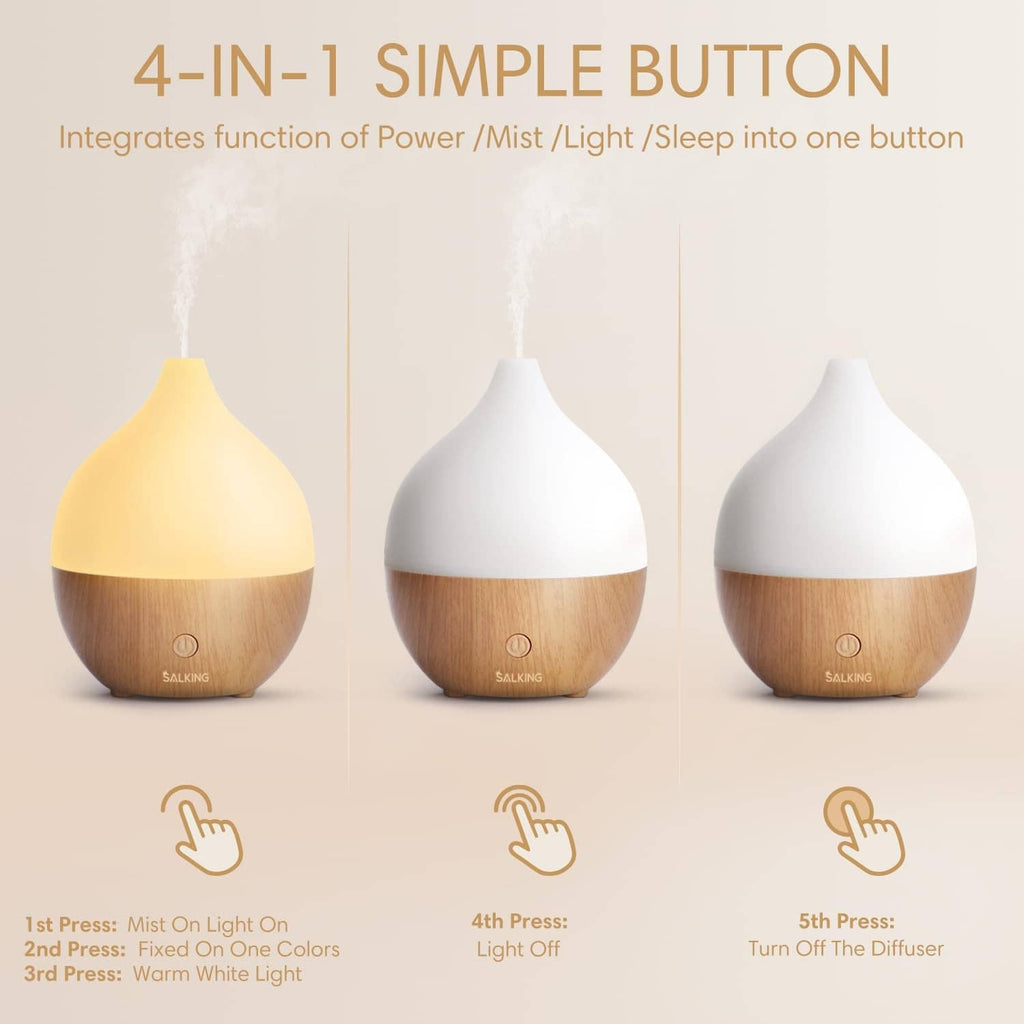 SALKING essential oil diffuser showing three light settings, white top and wood base