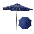 Navy solar LED patio umbrella with tilt crank and glowing edge light strings
