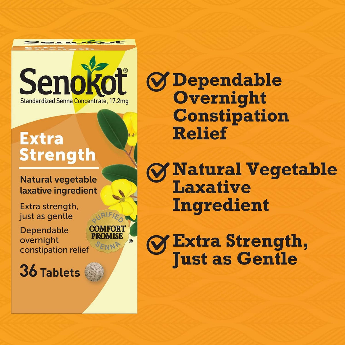 Senokot Extra Strength laxative box with benefit icons and 36 tablets