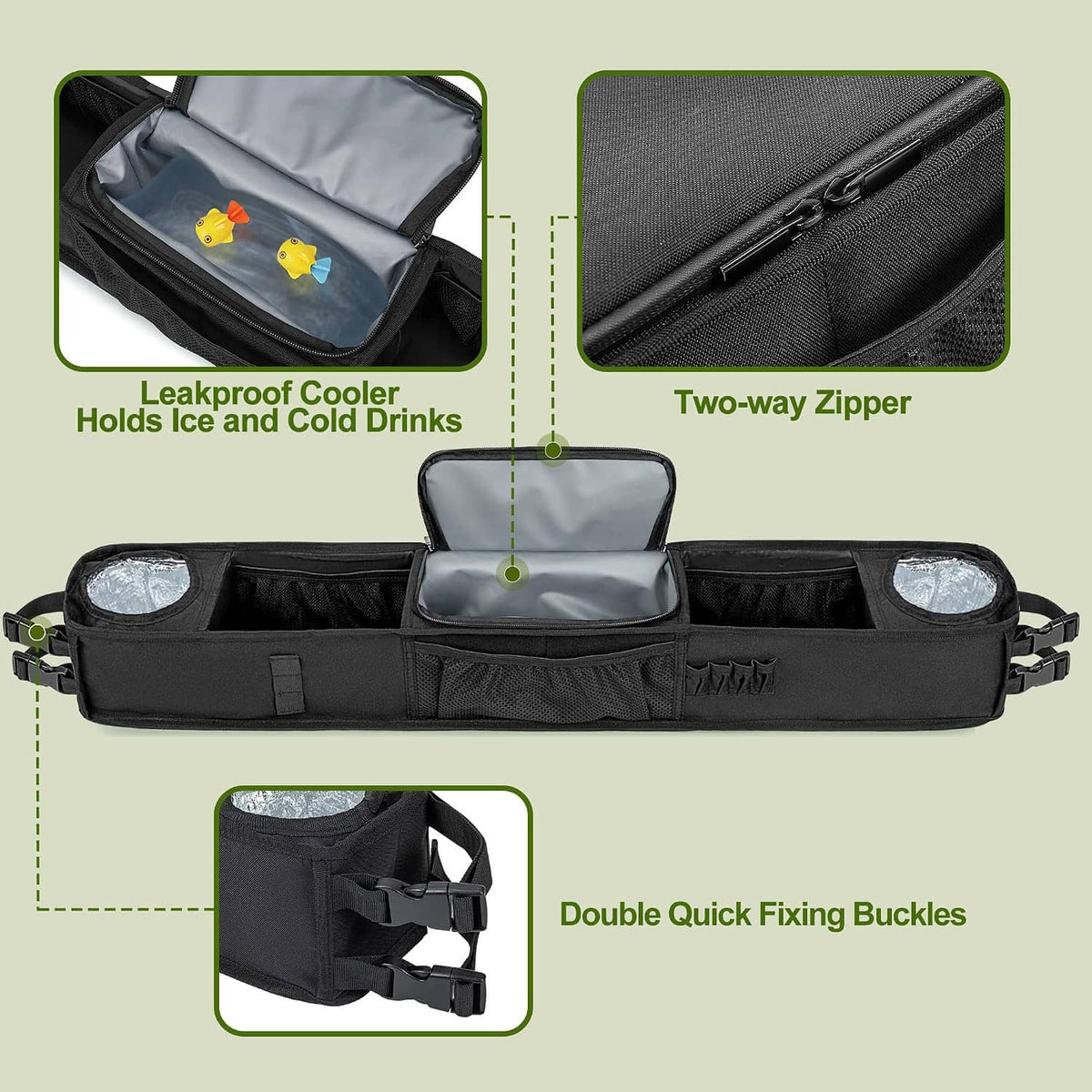 Black front golf cart storage tray with zippered cooler and quick-fixing side buckles