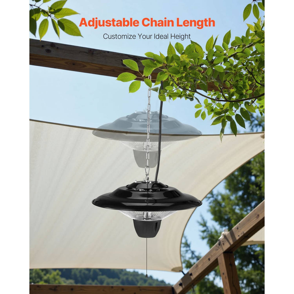 Hanging infrared heater with adjustable chain length and black dome housing