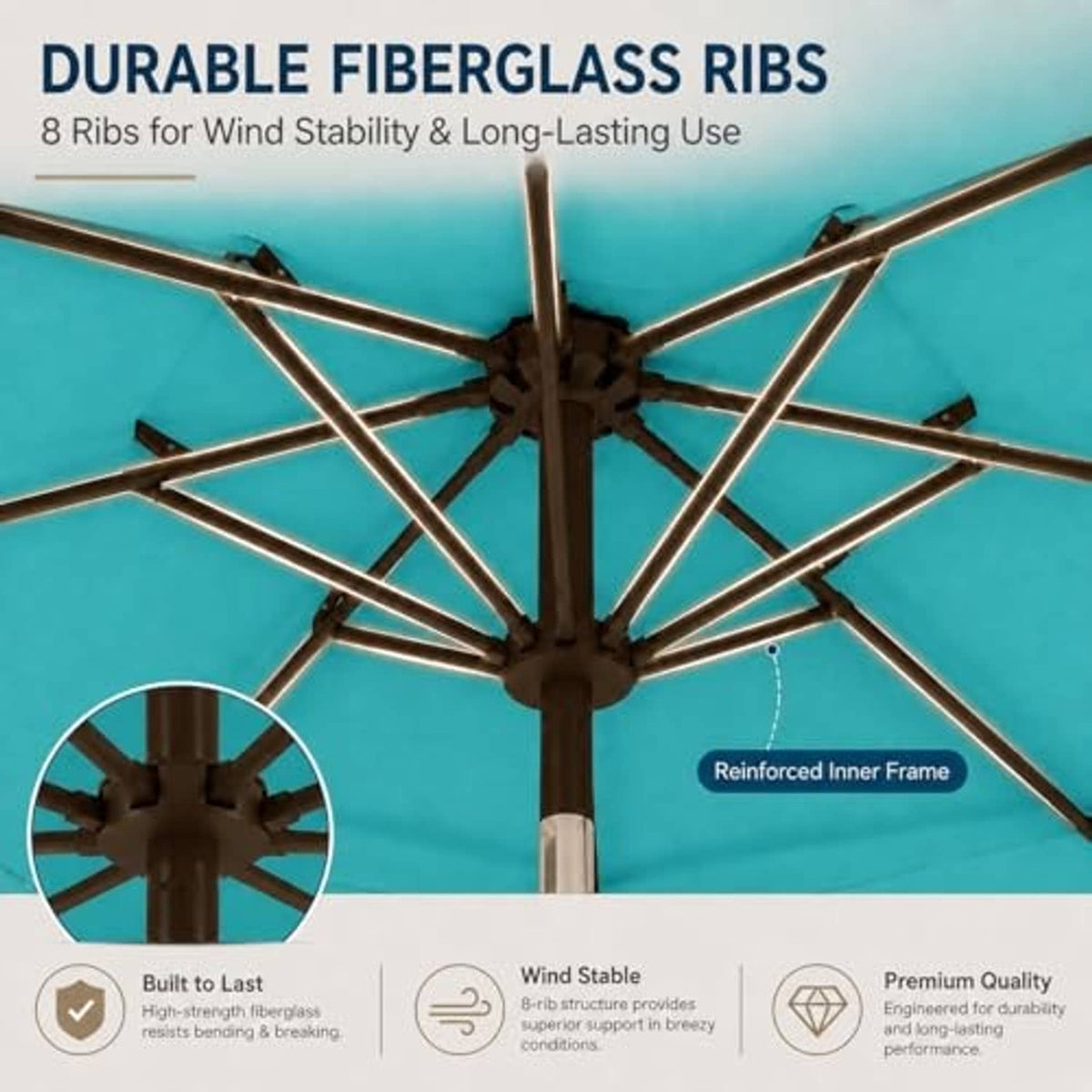 Teal fiberglass rib framework inside 3-tier umbrella canopy for wind stability