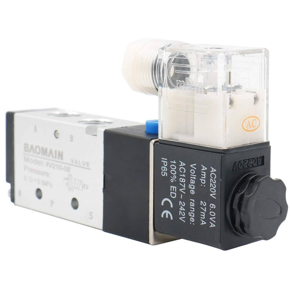 Pneumatic solenoid valve with clear coil, black housing, and side ports labeled A B R P S