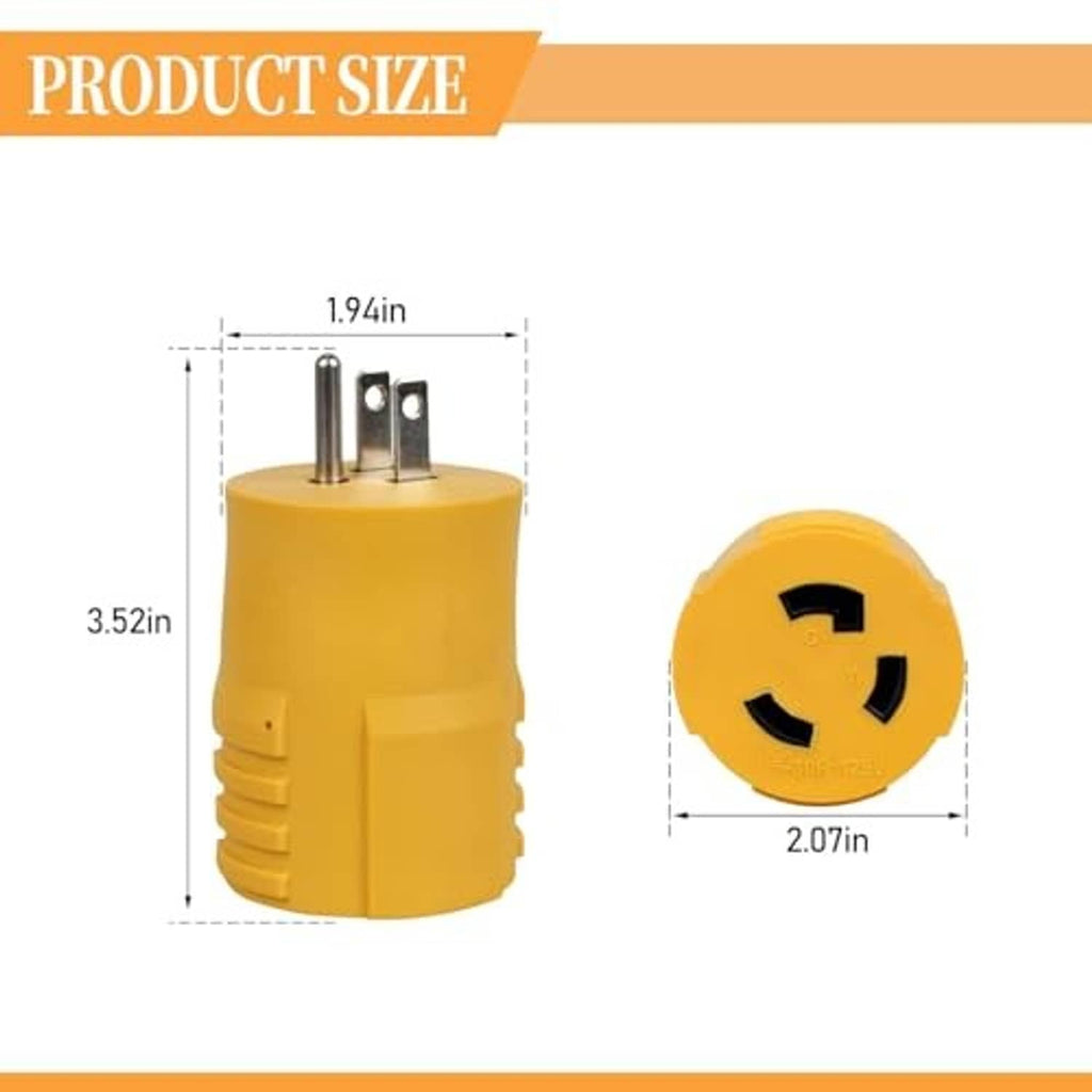 Yellow 3-prong RV power adapter with plug, round connector face, and size measurements
