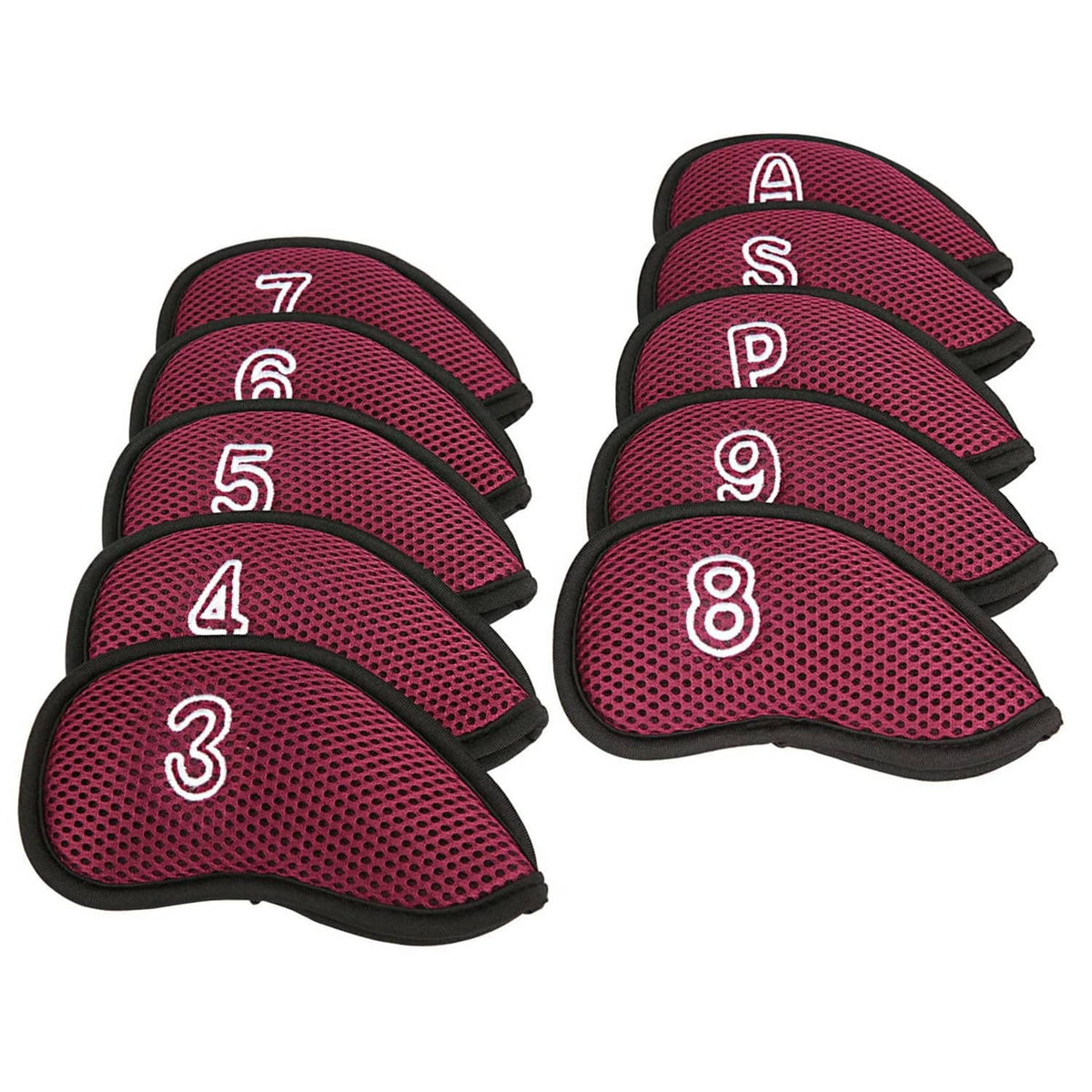 Wine red numbered golf iron head covers, right-hand polyester mesh, irons 3–9 displayed