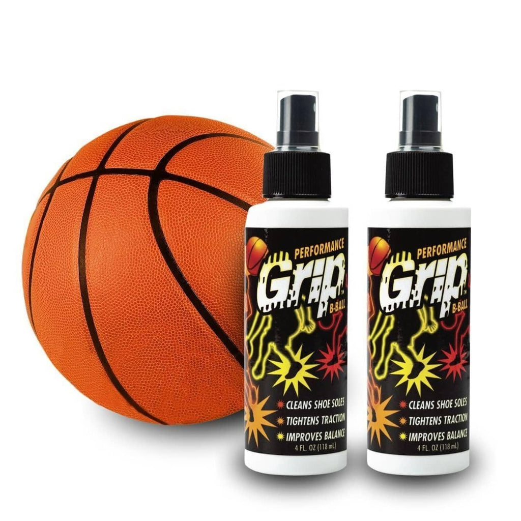 Performance Grip shoe sole spray bottles with black pump cap, shown with orange basketball