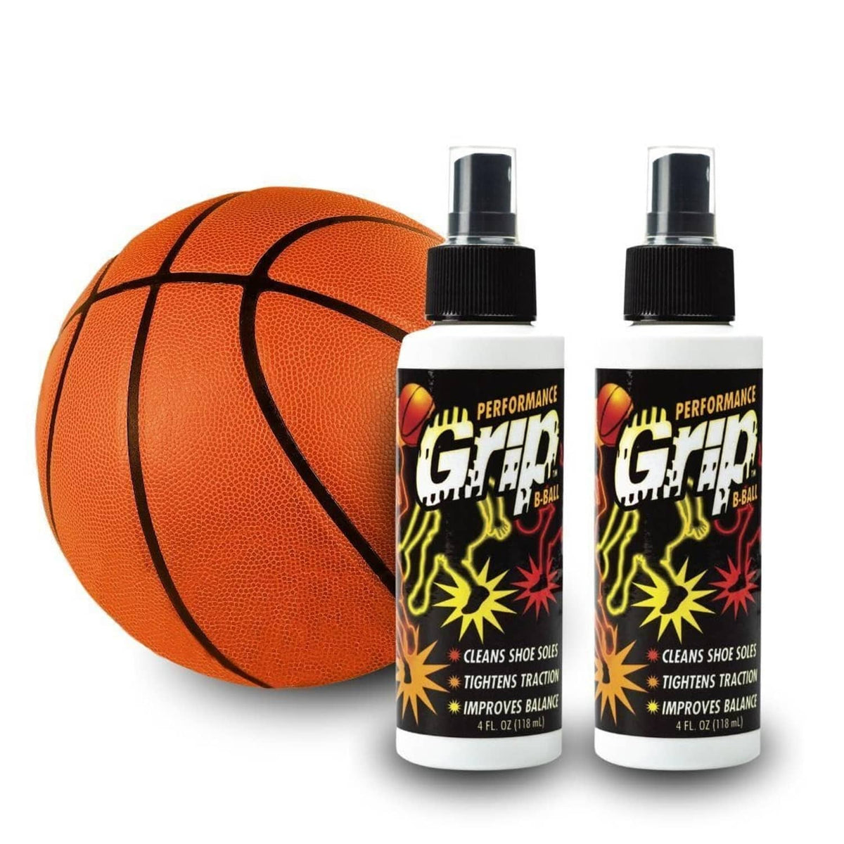 Performance Grip shoe sole spray bottles with black pump cap, shown with orange basketball