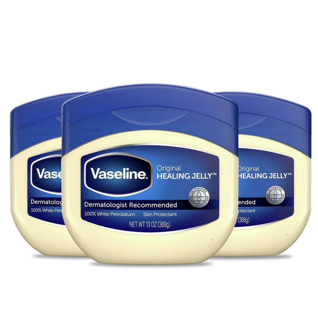 Vaseline Original petroleum jelly, three blue-and-white tubs in pack