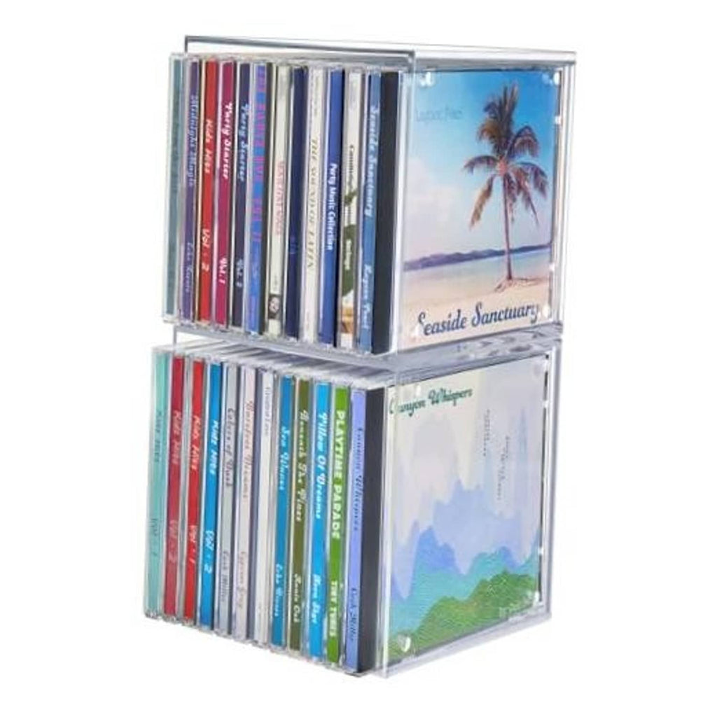 Clear plastic cube CD organizer with stacked jewel case storage, 2-pack.