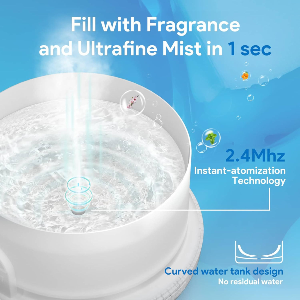 White essential oil diffuser with curved water tank design and misting nozzle