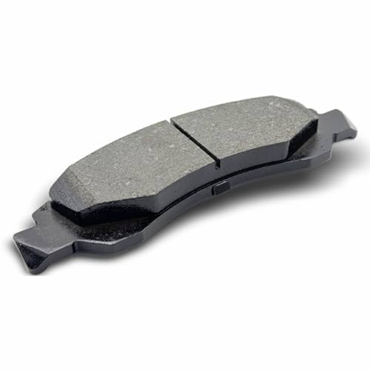 Ceramic brake pad, dark gray face with split center groove and metal backing ears